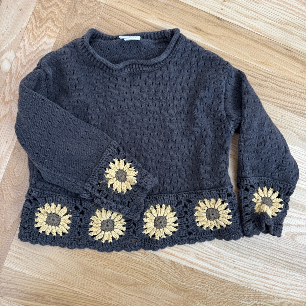 Little Co. Girls 5T Brown Crochet Hem Sweater with Yellow Sunflower Accents